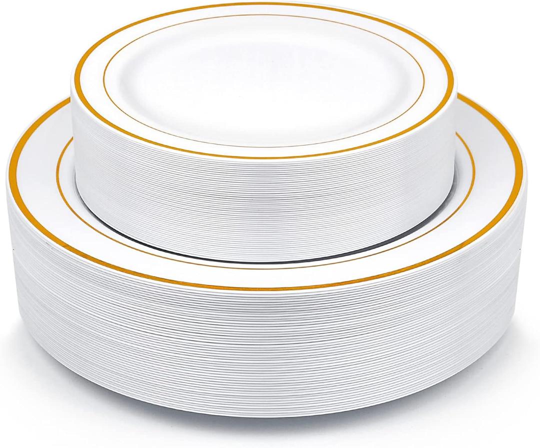 Gold Plastic Plates, MCIRCO 100 Pieces Disposable Party Plates for Weddings, Premium Gold Rim Plates, Include 50 10.25 Inch Dinner Plates and 50 7.5 Inch Dessert Appetizer Plates