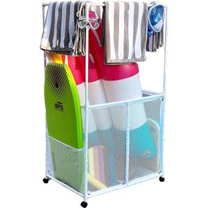 Pool Equipment Holder with Towel Drying Bars, Mesh Rolling Pool Storage Organizer Bin, Extra Large with Towel Hanger, (34.5" W x 25" L x 62.6" H), White Style 418566