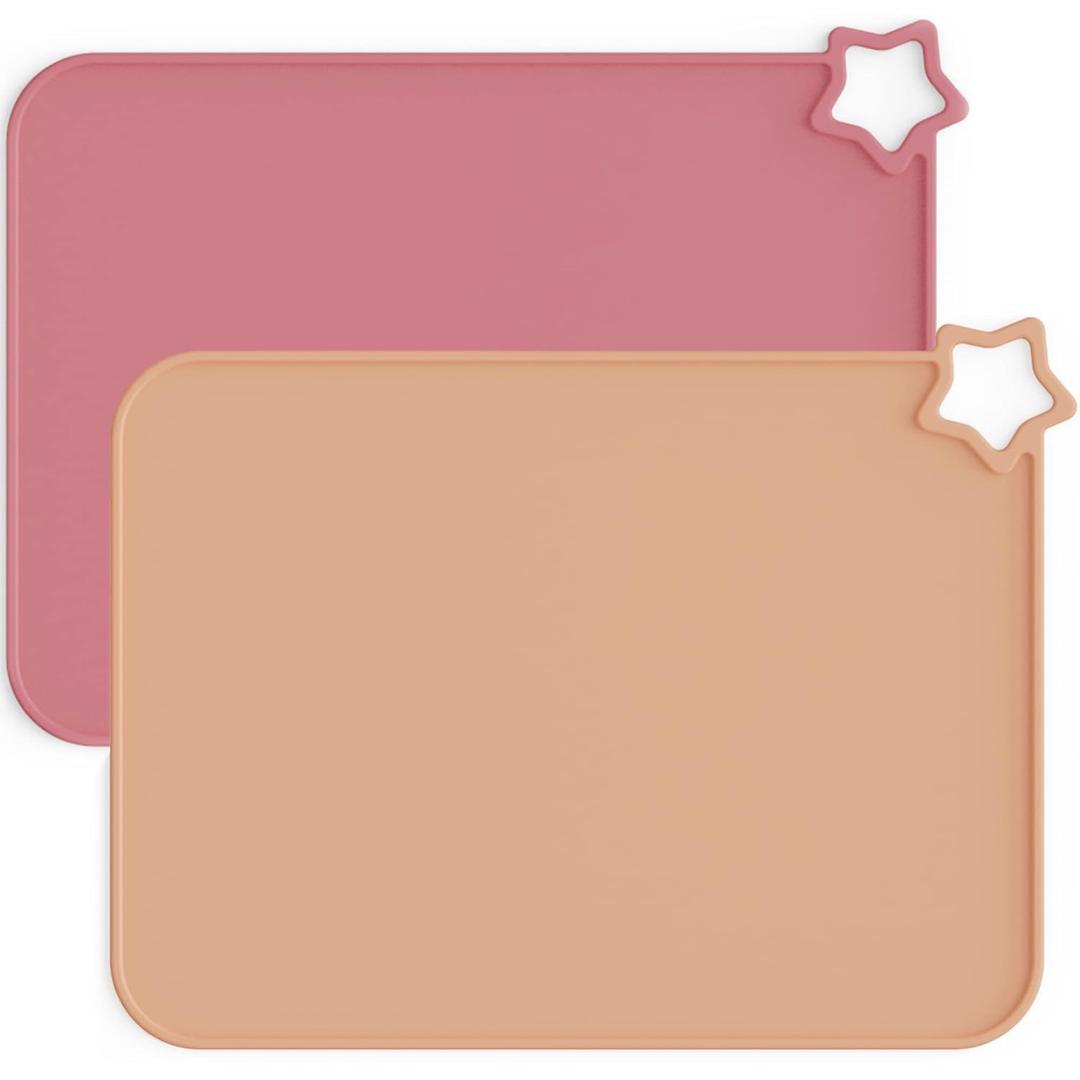 Moonkie Baby Silicone Placemats, Non-Slip Stain Resistant Portable Food Mats for Kids Toddler with 2 Packs (Warm Pink/ Muted)
