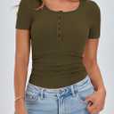 PRETTYGARDEN Womens 2026 Summer Short Sleeve Tops Ribbed Henley Button Slim Fit Basic Casual T Shirts Blouse Fashion Clothing (Large, Army Green)