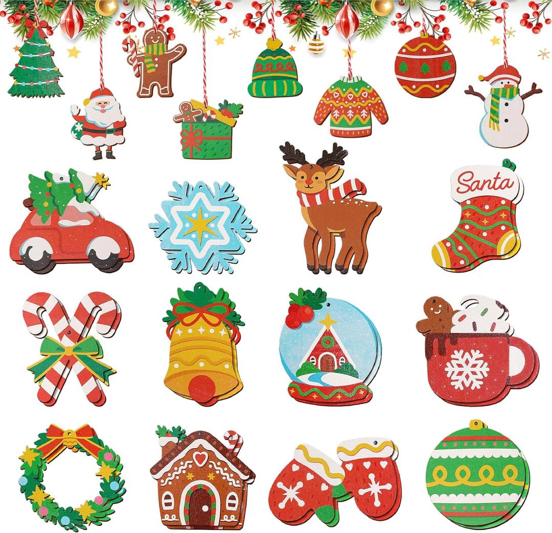 40 PCS Wooden Christmas Ornaments, 20 Styles Printed Christmas Tree Hanging Ornaments with Strings, Holiday Party Favors, Gift Tags, Stocking Stuffers, Christmas Home Decor (Multicolor Mix)