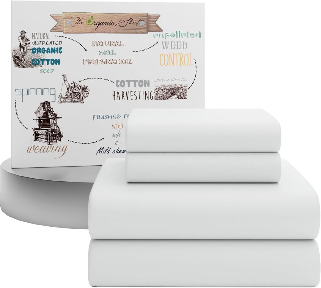 SUPREME ELEGANCE 4 Pcs 100% Organic Cotton Queen Sheet Set, Snow White, 300 Thread Count, Percale Weave, Cotton Bedding, Cooling, Crisp & Breathable, Deep Pocket Fitted Sheet, Hotel Style Bed Sheets