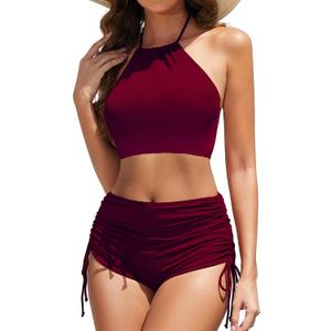 Women High Waisted Shorts Bikini Sets Tummy Control Swimsuit Two Piece Halter Drawstring Bathing Suit, Wine New XL