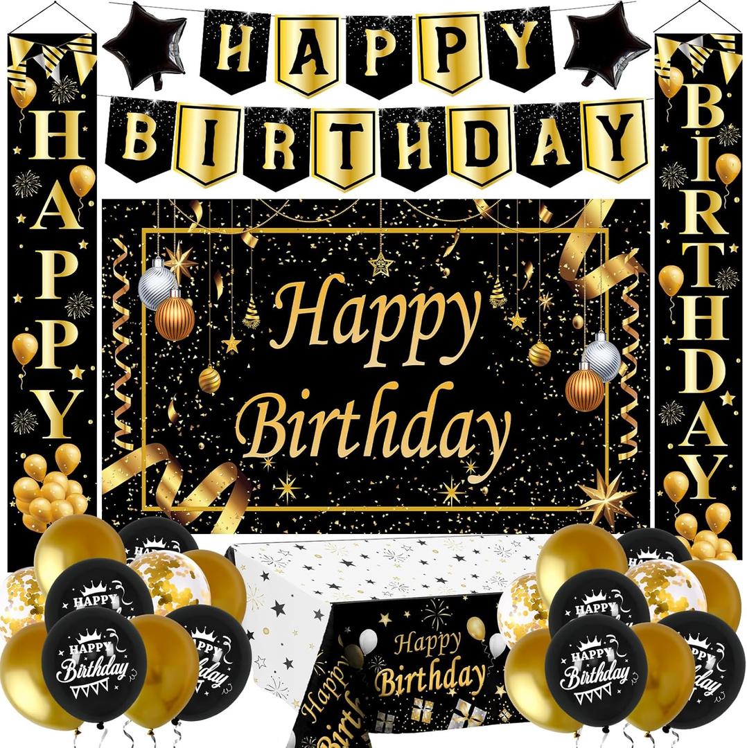 Black and Gold Birthday Decorations, Birthday Party DecoratIons for Men Boys Women Girls with Black Gold Happy Brthday Banner Tablecloth Backdrop Porch Sign Door Decoations Balloons