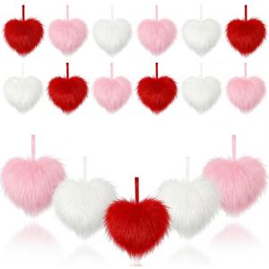 Sotiff 24 Pcs Valentine's Day Heart Ornaments Plush Red Pink White Heart Ornament Valentine's Day Fluffy Fur Hanging Decorations for Tree Bowl Vase Filler Wedding Anniversary Party Supplies Home Decor