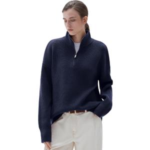 SUUKSESS Women Cashmere Blend Oversized Quarter Zip Pullover Sweater Long Sleeve Collared Ribbed Knit Jumper Tops (X-Large, Navy)