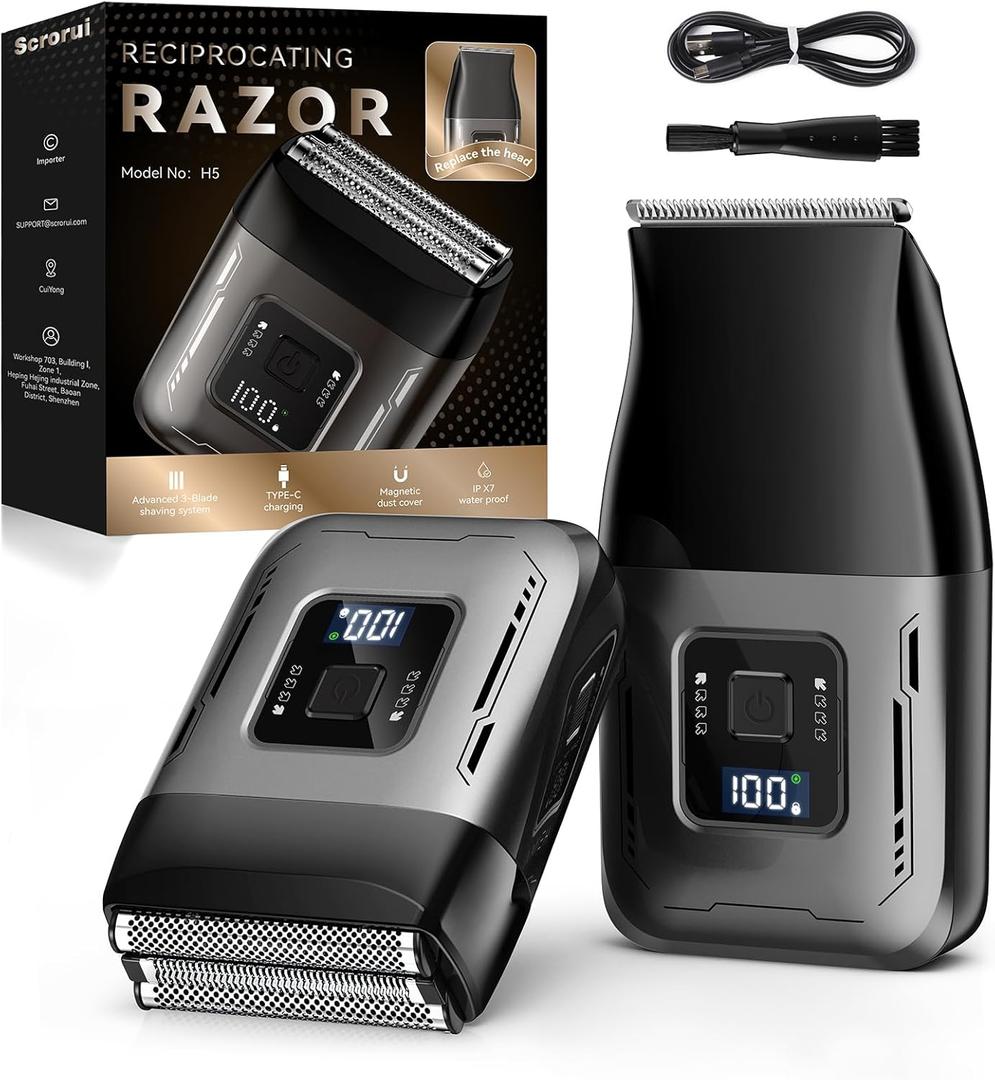 Cordless Foil Shaver for Men: Dual Replacement Heads (Foil + Trimmer), High-Speed 6000RPM,USB-C Rechargeable, IPX6 Waterproof Battery Display & Travel-Friendly/Home Use