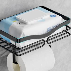 Simple Toilet Paper Holder with Shelf - Toilet Roll Holder Self Adheisve&Wall Mounted Bathroom Organizer Decor for Wipes&Reading, Metal Black