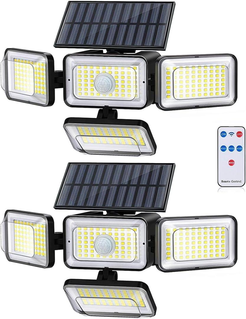 Solar Lights Outdoor, 288 LED 2800LM Motion Sensor Outdoor Light with Remote Control, 4 Heads IP65 Waterproof Solar Flood Security Lights for Outside Patio Wall -2PACK