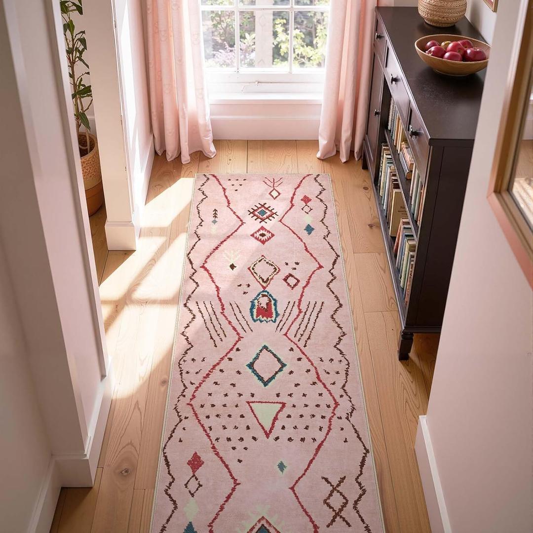 jinchan 2x6 Runner Rug Pink Washable Modern Boho Rug Geometric Hot Nerd Floor Cover Soft Low Pile Non Slip Accent Mat Lightweight Cozy Throw Carpet for Kitchen Bathroom Laundry Room Study Dorm