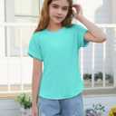 ZDC Girls Short Sleeve T Shirts Kids Summer Textured Tops Crewneck Casual Tee 5-14 Years (Green)