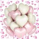 3 x Pink White Heart Balloons, 24Pcs 18Inch Baby Pink Cream White Foil Shaped Love Balloons and 50Pcs Hanging Streamer for Valentine's Day Decorations, Birthday, Wedding Party