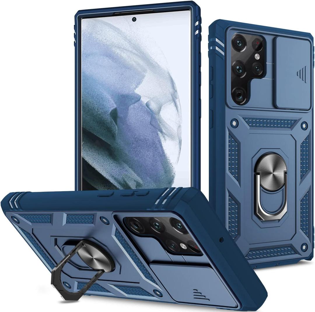 Fetrim Case for Galaxy S22 Ultra, Camera Cover Phone Case with Rotation Ring Stand for Samsung Galaxy S22 Ultra - Blue