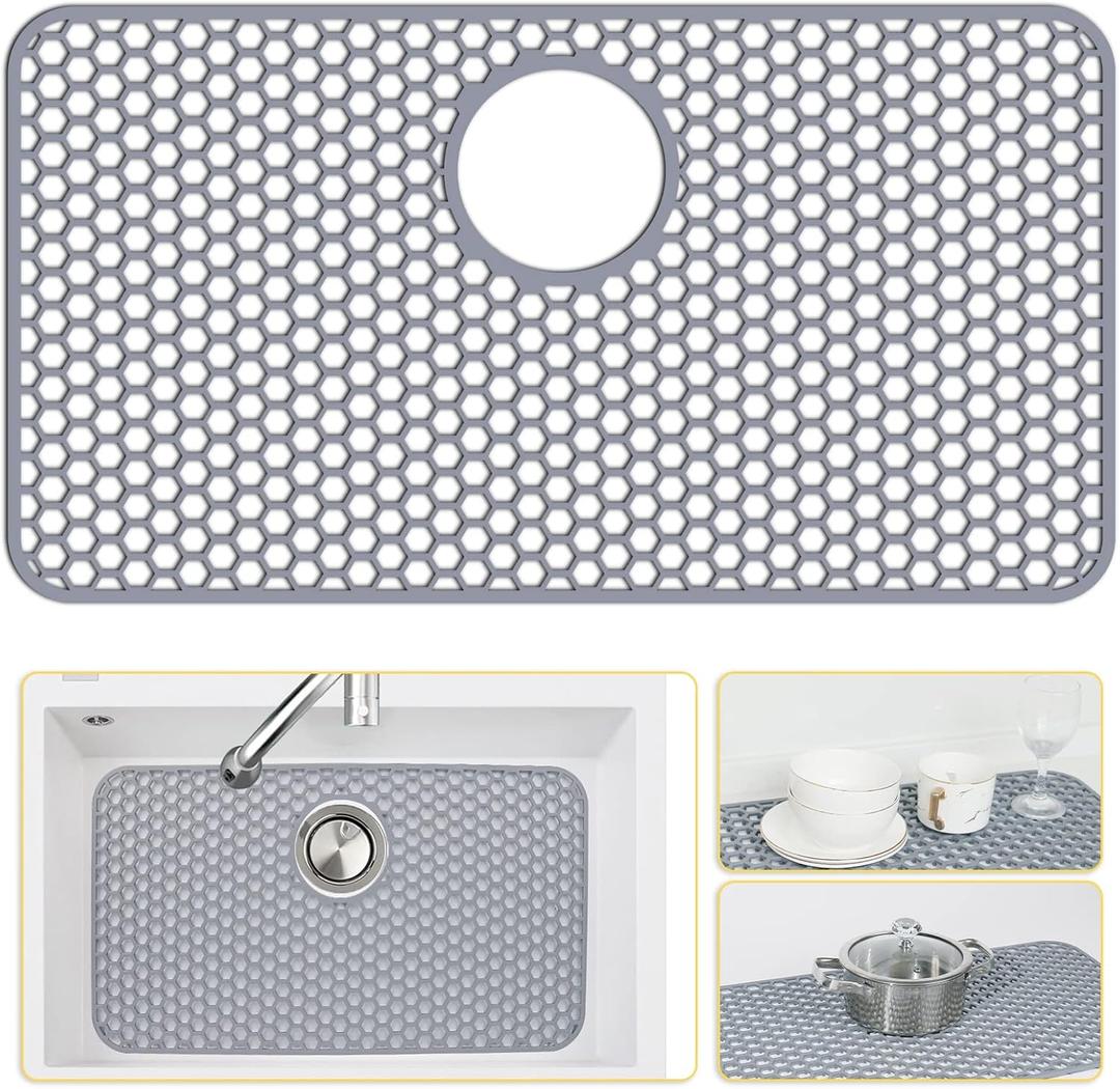 Bestjing Silicone Sink Protectors for Kitchen Sink with Rear Drain - 26"x 14" Kitchen Protector Accessory, Non-Slip Heat Resistant Grid Mat for Bottom of Farmhous Peorcelain Stainless Steel(Rear Hole) (Gray(1 Pack))