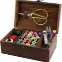 Flytreal Sewing Kit Box Basket, Wooden Hand Home Sewing Repair Tool Kit, Beginner Universal Sew Kit Accessories for Women, Men, Adults, Girls, Kids (Retro Dandelion)