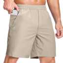 GGJ Men's Lightweight Athletic Shorts with Zipper Pockets 7"/5"/9" Gym Workout Running Quick Dry Tennis Shorts for Men (Beige) L
