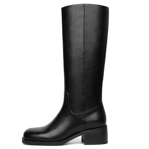 SUIARA Black Knee High Boots Women Square Toe Chunky Block Heel Campus Boot Comfortable Low Heel Riding Long Tall Boots