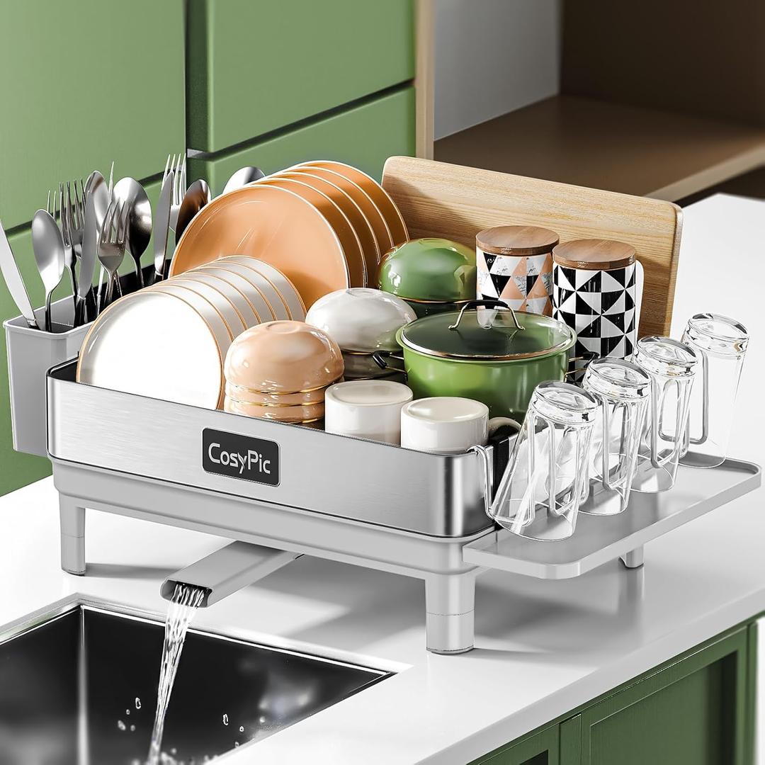 Dish Racks, Thicker Premium 304 Stainless Steel Dish Drying Rack for Kitchen Counter, Automatic Drainage Spout, Dish Drainer & Drainboard Set with Utensil Holder and Cup Holder, Grey (1 Tier, Gray)