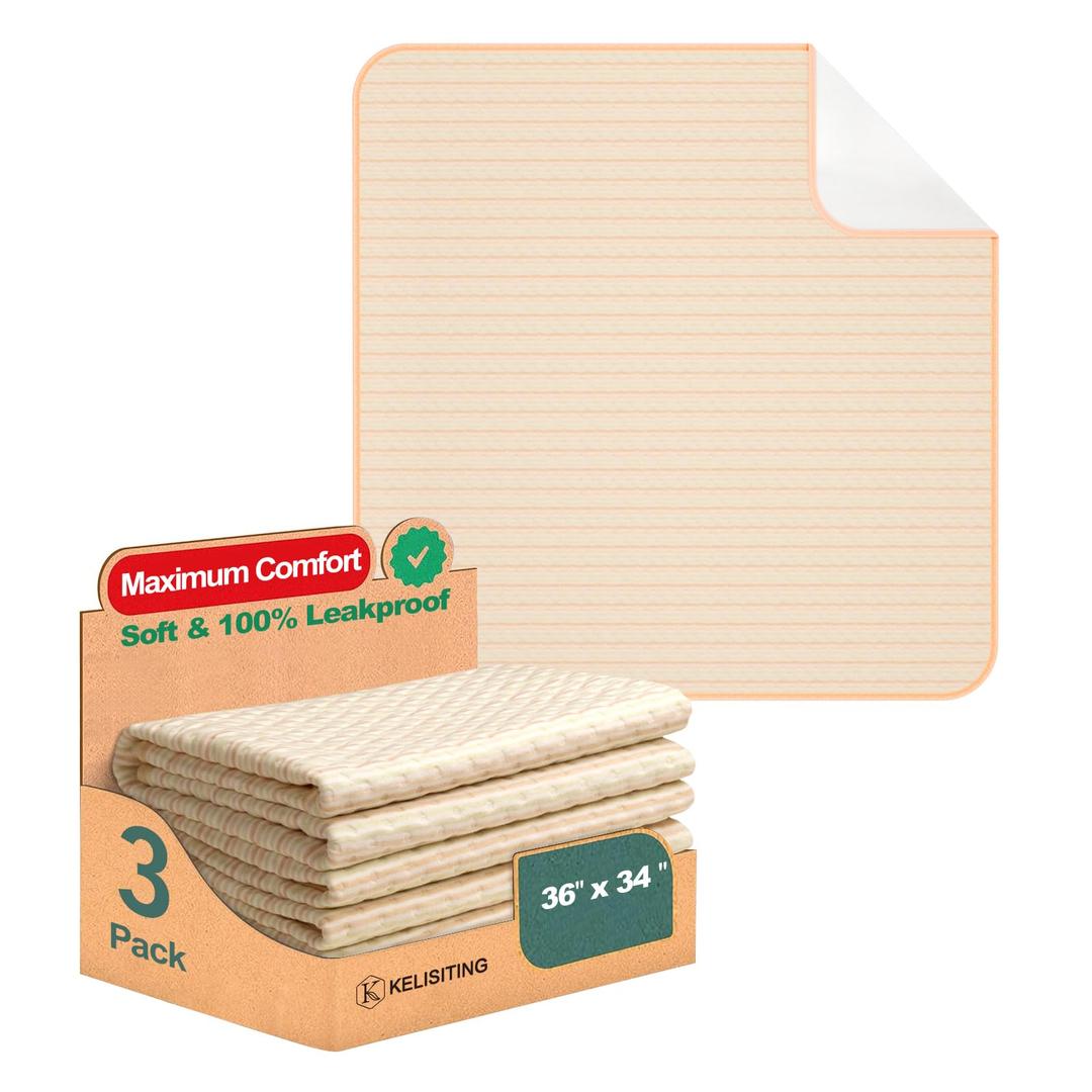 Bed Pads for Incontinence Washable Waterproof, 36" x 34" (Pack of 3) - Reusable Medium Bamboo Fiber Pee Pads for Adults, Women, Elderly, Pet, 4-Layer Underpads for Sofa, Couch, Furniture - KELISITING
