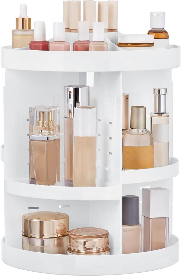 HBlife 360 Rotating Makeup Organizer Plus Size Adjustable Carousel Large Capacity Revolving Perfume Organizer Skincare Organizers Cosmetic Storage Spinning Holder for Vanity, White