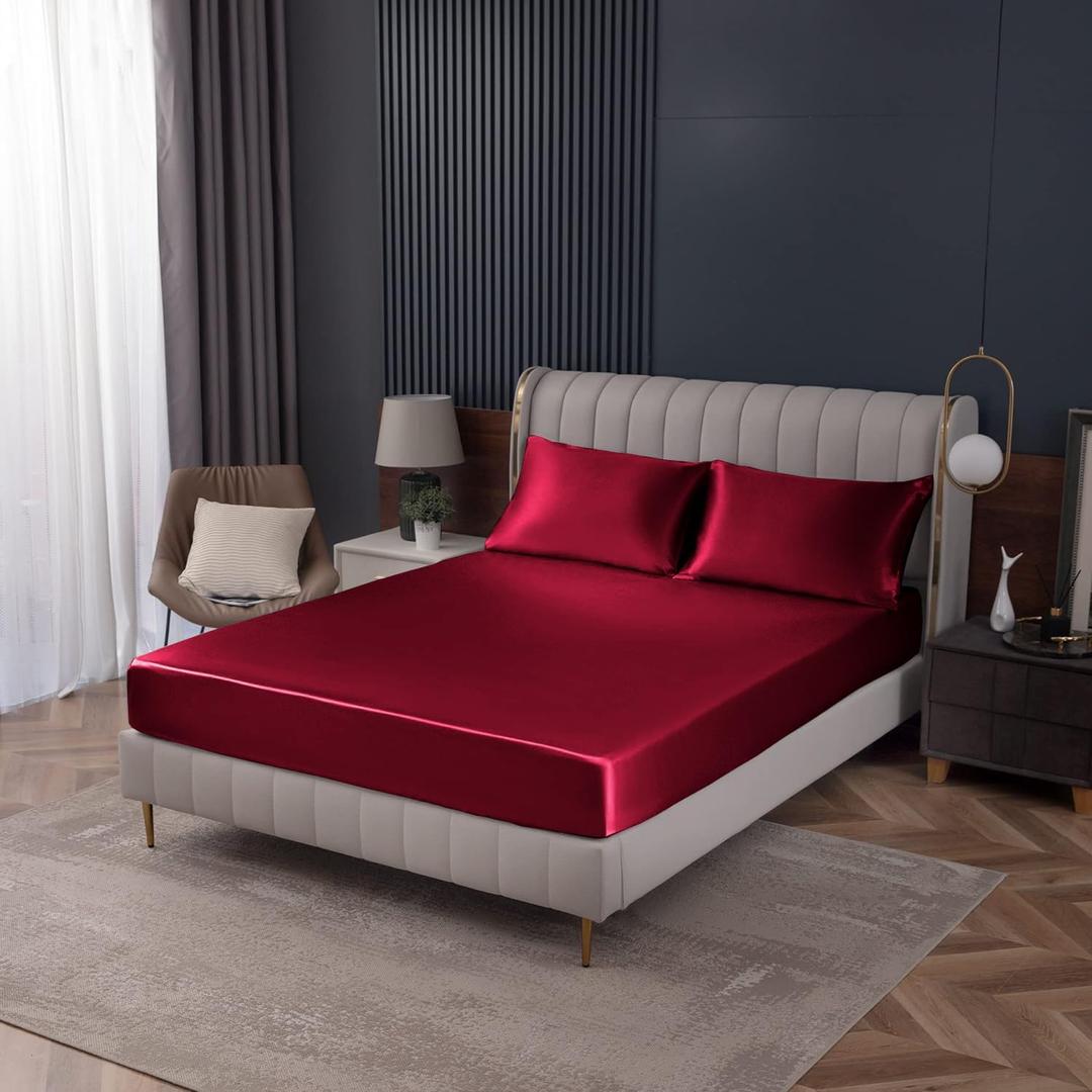 Homiest Burgundy Satin Fitted Sheet Queen Size, Deep Pocket, Luxury & Ultra Soft Bedding, Single Bottom Sheet Sold Separately