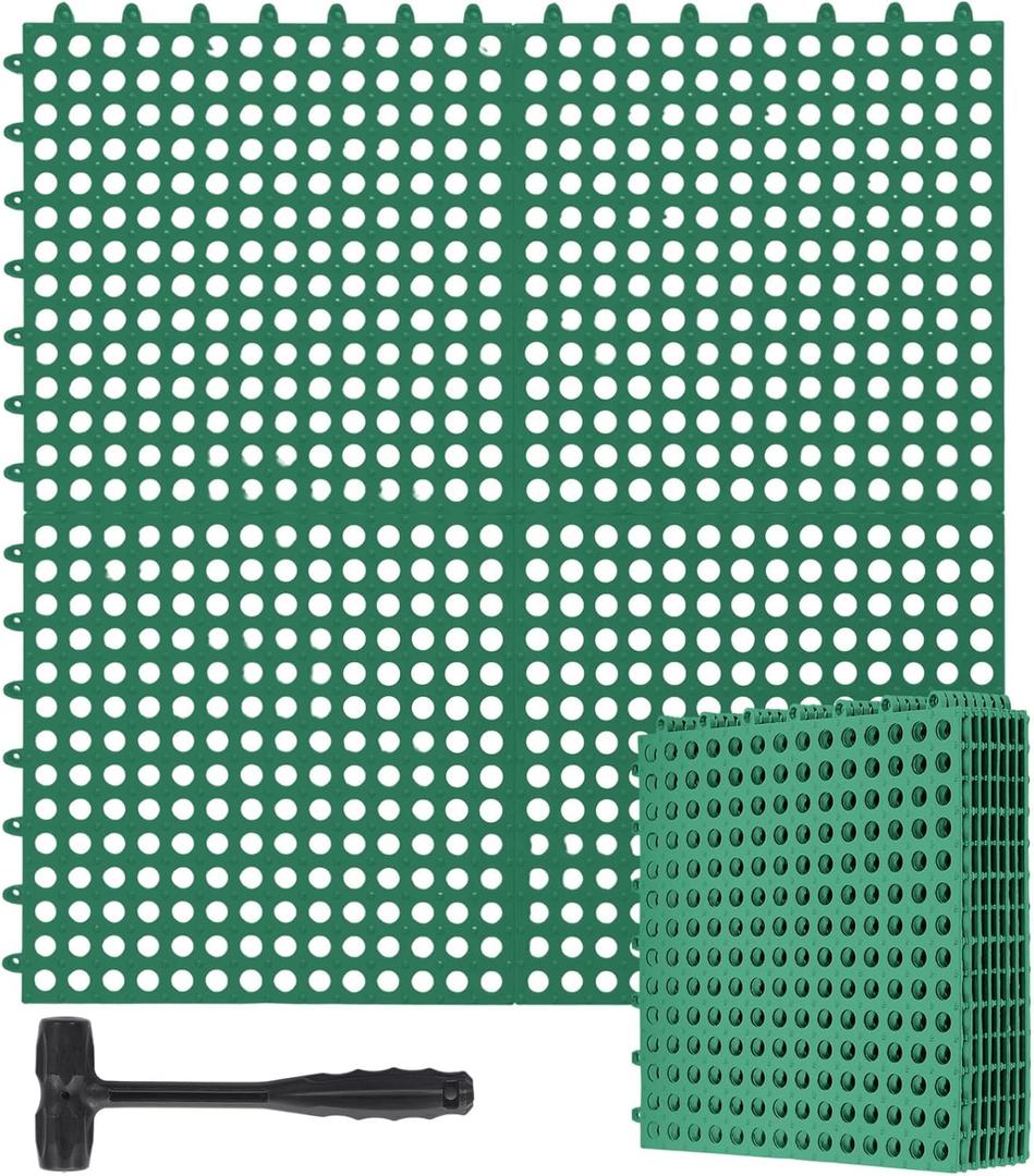 Drainage Tiles Modular Interlocking Floor Tiles with 1 Pc Plastic Hammer 12" x 12" Cushion Mat Non Slip Rubber Floor mat with Holes for Pool Bathroom Deck Kitchen Patio(Dark Green,12 Pack)