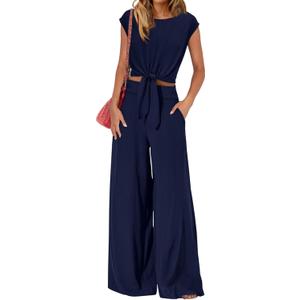 PRETTYGARDEN Women 2 Piece Lounge Sets 2026 Casual Summer Outfits Cap Sleeve Strappy Crop Tops Wide Leg Pant Tracksuit (Small, Navy Blue)