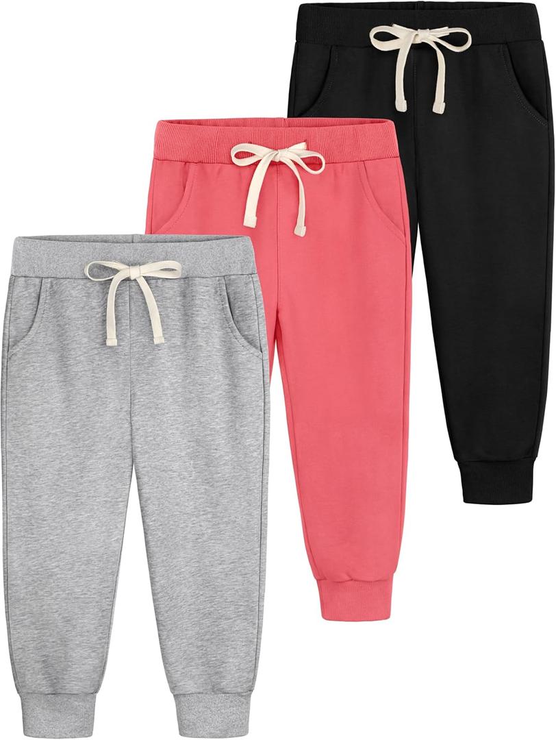 Aocku 3 Pack Toddler Sweatpants Cotton Baby Girls Joggers Toddler Girls Sweatpants with Pocket Drawstring (4T, Black,hot Pink, Light Gray)