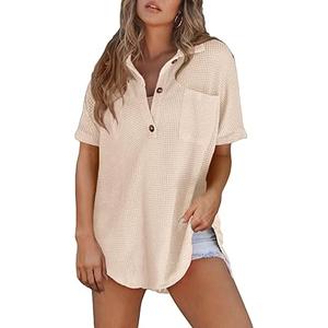 Astylish Women Waffle Knit Tops Henley Shirts Short Sleeve V Neck Solid Color Casual Tunic
S