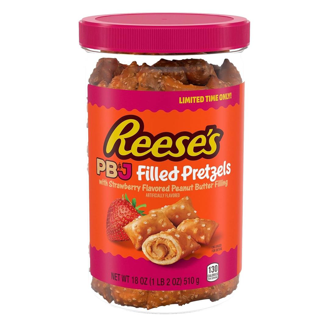 Reese's Filled Pretzels, Peanut Butter and Strawberry Flavored Pretzel Nuggets, Crunchy, Ready to Eat, Sweet and Salty Snack, 18 oz Cannister