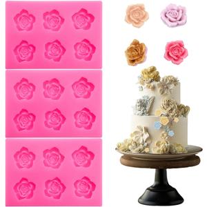 3Pcs Rose Flower Silicone Molds, Mini Rose Fondant Molds for Baking, Chocolate Candy Cookie Sugarcraft Clay Cupcake Topper Cake Decorating Wax Making Supplies (Pink)