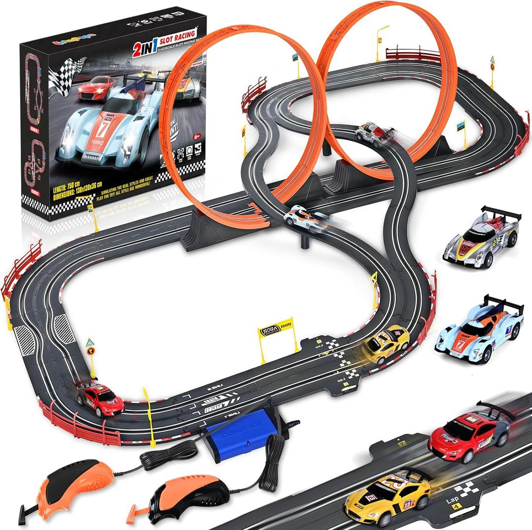 Slot Car Race Track Sets, 2 in 1 Race Car Track with 4 High-Speed Slot CarsGift Toy for Boys Kids Ages 5 6 7 8-12, Dual Power (Source) Cars Track,Dual Racing Game Lap Counter Circular Overpass Track