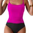 Aidonger Women's One Piece Swimsuit Tummy Control Slimming Bathing Suit Color Block Ruched Swimwear XL (Hot Pink and Black)