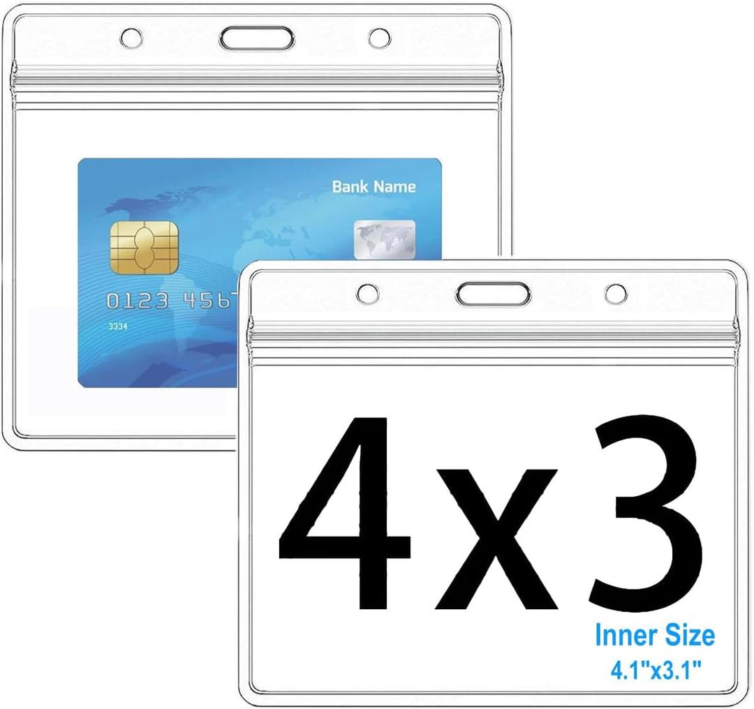 Thick Horizontal ID Card Name Tag Badge Holder with Waterproof Type Resealable Zip (Horizontal 4x3, 6Packs)
