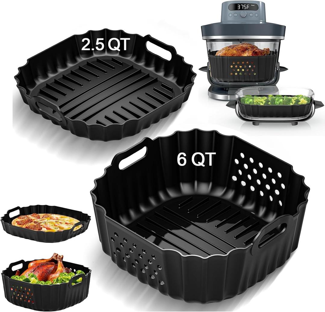 Air Fryer Accessories Silicone Liners for Ninja Crispi Pro AS101CY/AS101DG/AS101LG, Big Liner for 6 QT Glass Container & Small Liner for 2.5 QT Glass Container, 2 Pcs Reusable Non-Stick Accessories