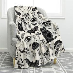 Jekeno Gothic Skull Blanket Cat Bat Mushroom Gifts for Women Men Kids Girls Boys Mom Wife Husband Dad Halloween Birthday Christmas Skeleton Horror Dark Presents Home Bedroom Room Decor Throw 50"x60" (Black Gray)