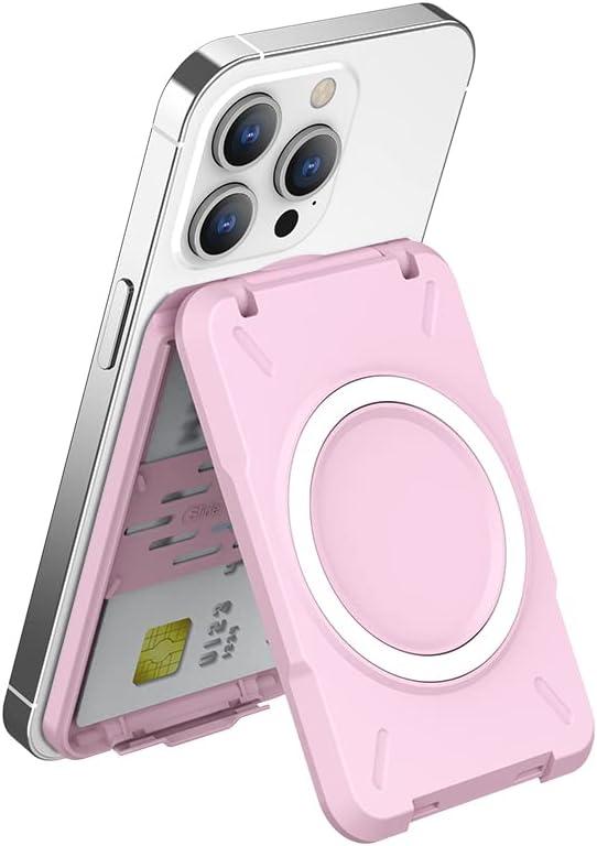 PROfezzion Magnetic Wallet Card Holder for MagSafe, RFID Blocking Hard Shell 4 Credit Card & Money Pocket Magnetic Wallet Stand for iPhone 16 15 14 13 12 Plus Max - Pink