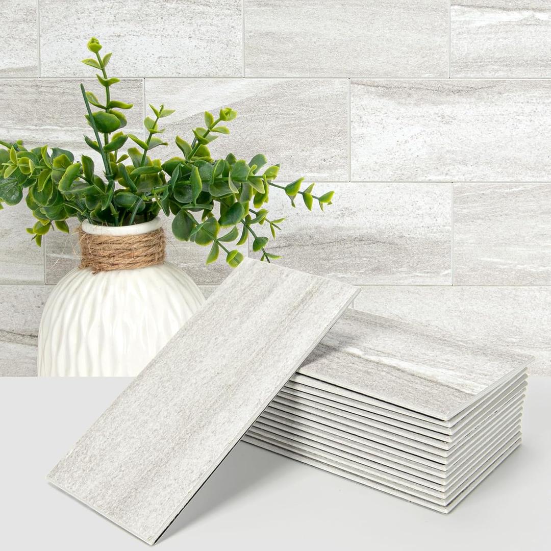 Art3d 102-Piece Faux Stone Peel and Stick Backsplash Tile, Waterproof Thick PVC Stick On Subway Wall Tile for Kitchen Bathroom Laundry Room Fireplace - 3" x 6" Biege Marble