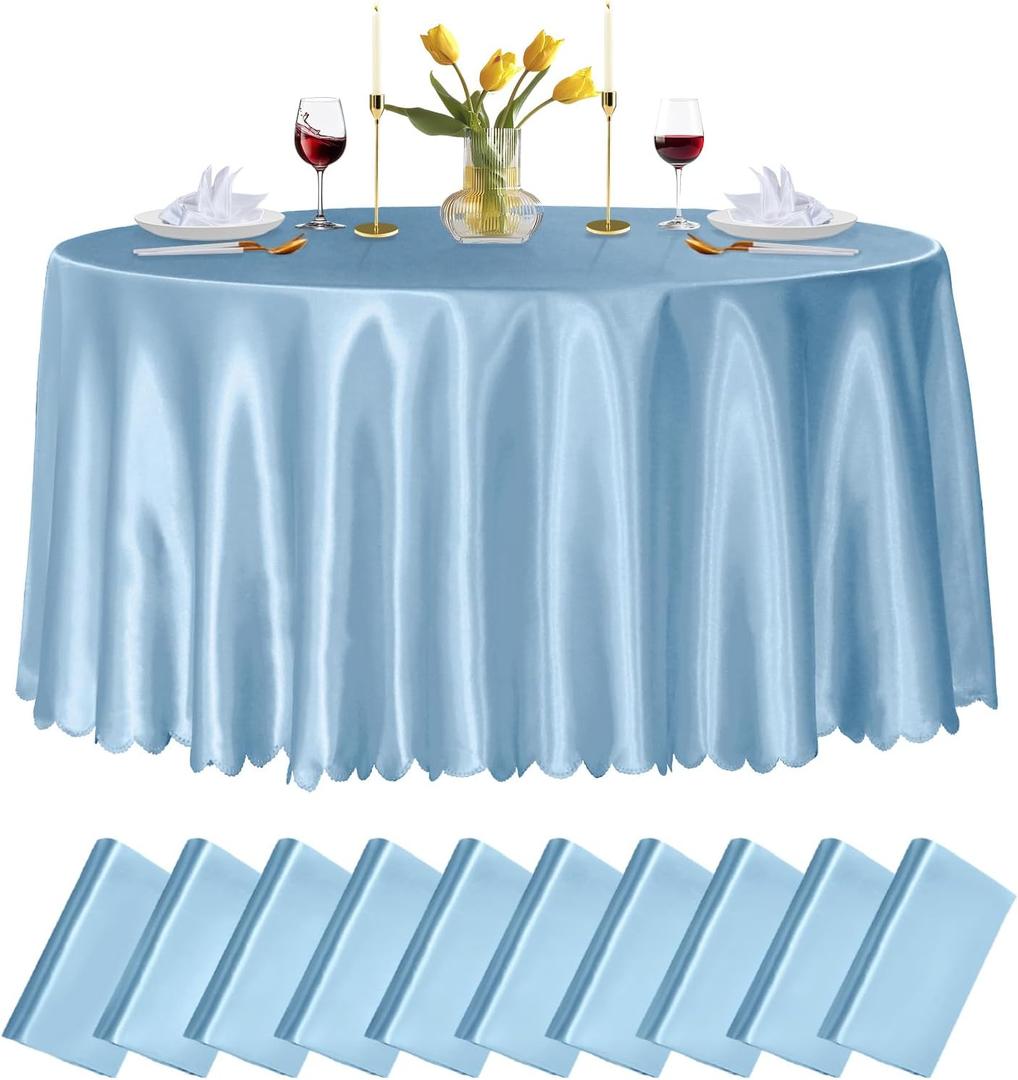 10 Pack 90 Inch Light Blue Round Satin Tablecloths Round Satin Table Cloths, Overlay Silky Tablecloths Dining Table Covers for Wedding, Party, Banquet, Events, Reception, Dinner