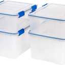 IRIS USA 26.5 & 44 Quart Combo WEATHERPRO Plastic Storage Box with Durable Lid and Seal and Secure Latching Buckles, Clear With Blue Buckles, Weathertight, 4 Pack