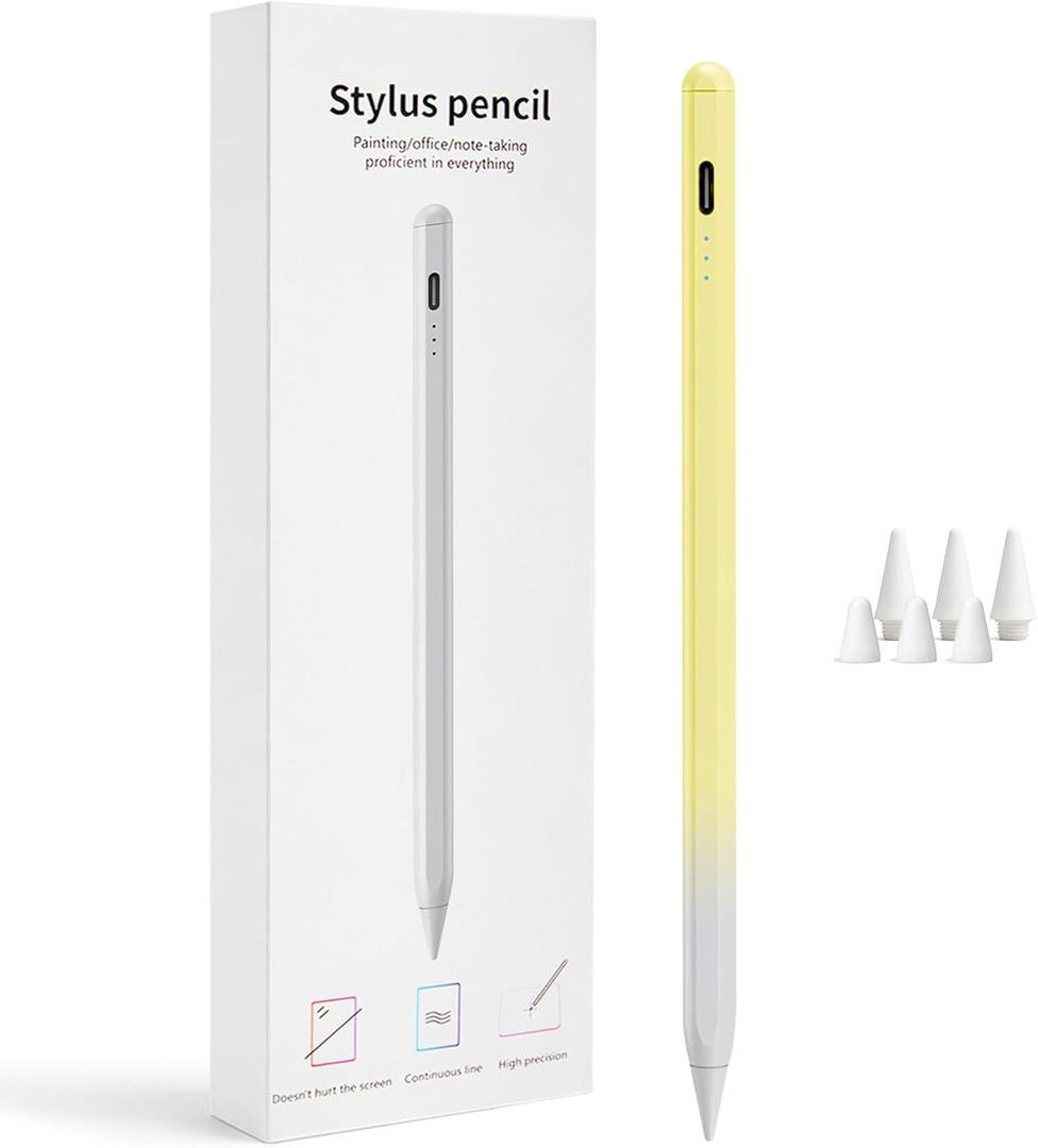 Stylus Pen for iPad 2018-2026, 2X Fast Charge Active Pencil with Tilt Sensitivity & Palm Rejection, iPad 11/10/9/8/7/6/A16, Air M4/M3/M2, Pro M5/M4, Mini 7/6/5 (Yellow)