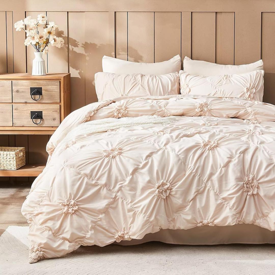 Beige Comforter Set King Size Bed in A Bag 7 Piece Pinch Pleat Bedding Set, Pintuck Ruched Flowers Bed Set with Comforter, Sheets, Pillowcases & Shams