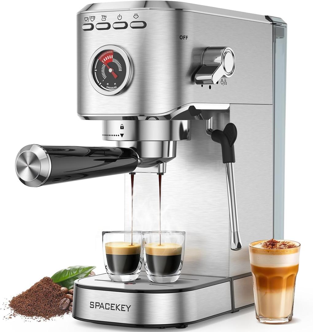Spacekey Espresso Machine 20 Bar, 1350W Expresso Coffee Machines with Milk Frother, Compact Stainless Steel Espresso Maker with 39oz Removable Water Tank for Cappuccino, Latte, Americano, Silver