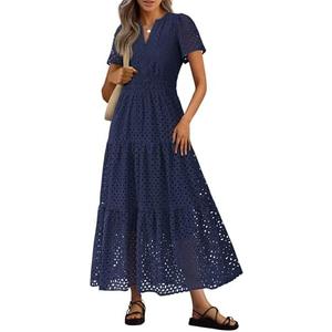 PRETTYGARDEN Women's 2025 Summer Maxi Dress Short Sleeve V Neck Hollow Out Eyelet A Line Long Flowy Beach Vacation Dresses, (Navy, XL)