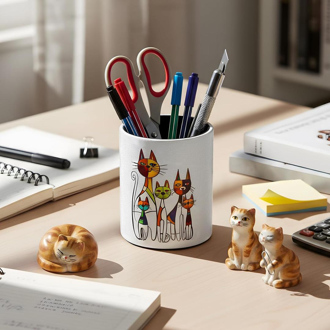 Tenceur Abstract Cat Leather Pen Holder Colorful Round Whimsical Pen Pencil Stand Makeup Brush Holder Desk Organizer Accessories for Women Cat Lovers(Classic)