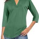CEASIKERY Women's 3/4 Sleeve V Neck Tops Casual Tunic Blouse Loose Shirt (Green, M)