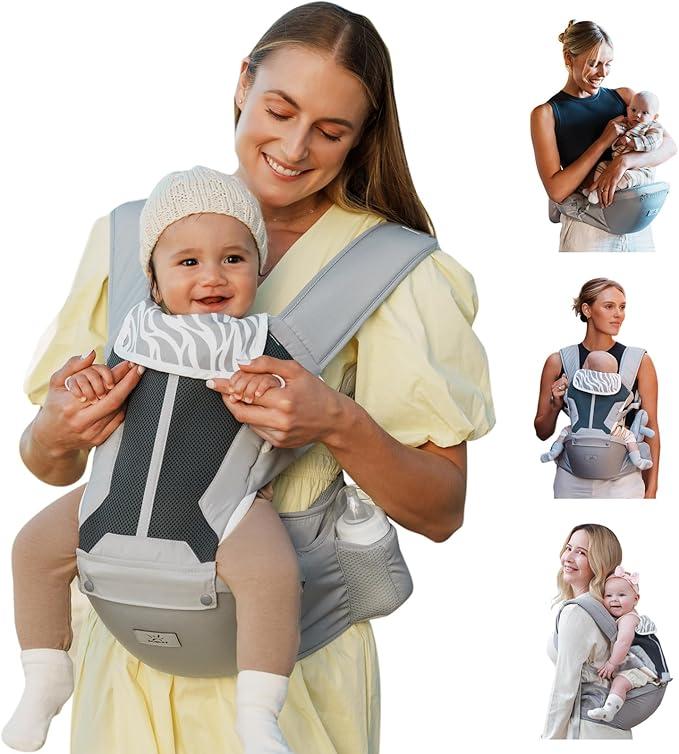 MOMTORY Baby Carrier - Newborn to Toddler, 6-in-1 Safety-Certified Carrier with Hip Seat, Detachable Baby Holder, Soft Ergonomic Support for 7-50lbs - Grey