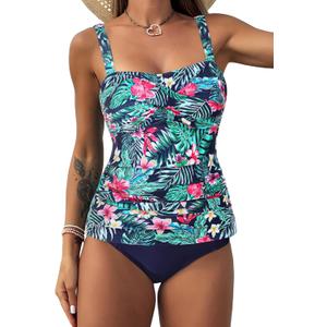 ZAFUL Tankini Swimsuits for Women Tummy Control High Waisted Twist Front Ruched Two Piece Bathing Suit (Blue, L)