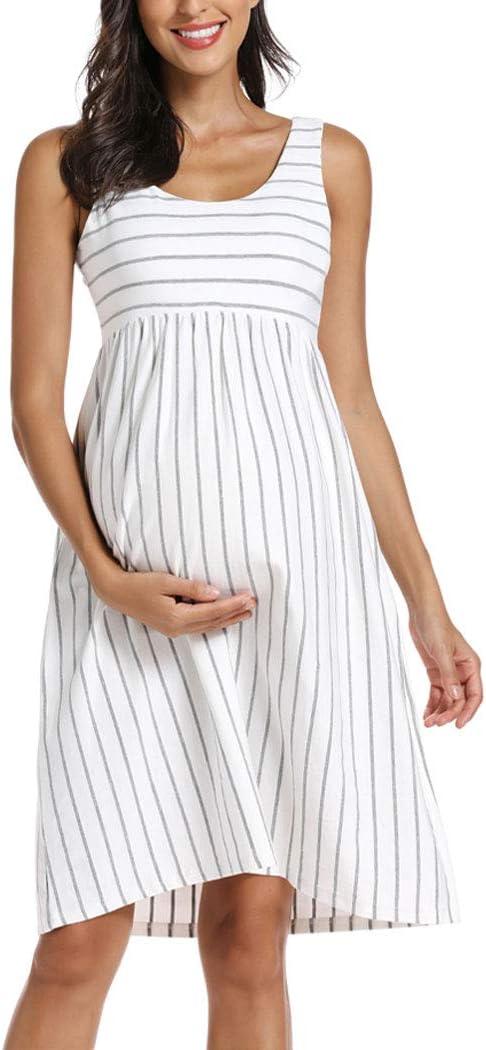 Ecavus Womens Maternity Tank Dress Stripe Color Block Sleeveless Knee Length for Baby Shower (Size Medium, White Grey Stripe)