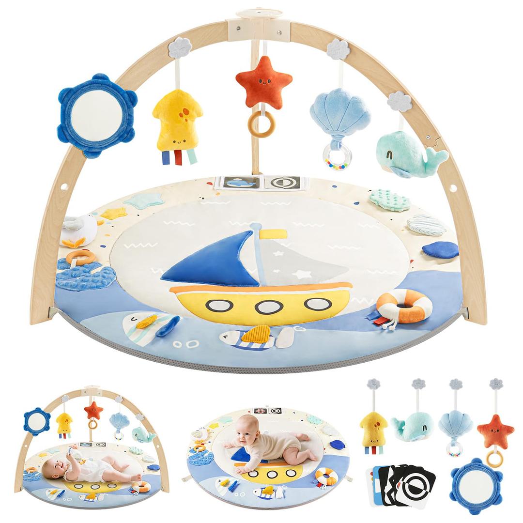 Baby Play Gym Activity Mat, 5 Developmental Zones Wooden Tummy Time Mat with 7 Detachable Sensory Toys for Motor Skills & Sensory Development, Baby Essentials Shower Gift, Easy to Install (37.6*37.6 Inch, Blue)
